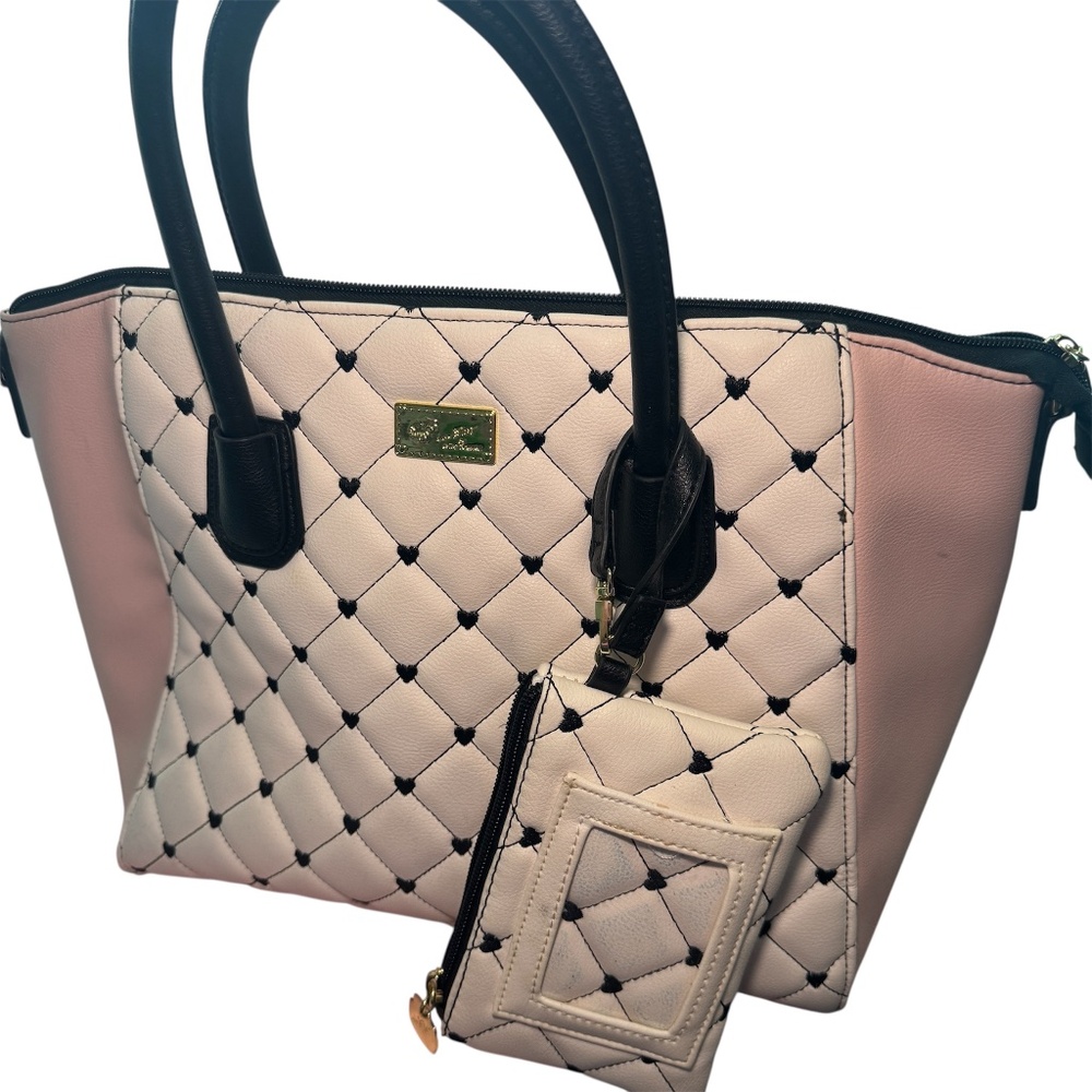 Betsey Johnson Quilted Satchel with Coin Purse – Pink/White/Black